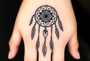 native dreamcatcher with flowing feathers and sacred beads tattoo idea