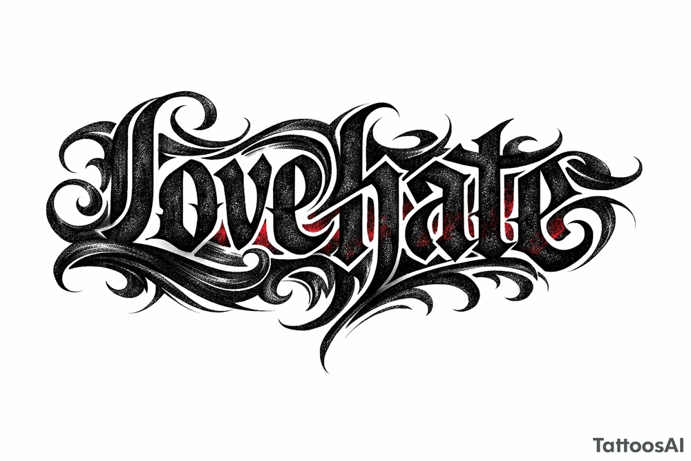 Textured font 'lovehate' in charcoal with deep red highlights.combine the two words to make one word tattoo idea