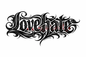 Textured font 'lovehate' in charcoal with deep red highlights.combine the two words to make one word tattoo idea