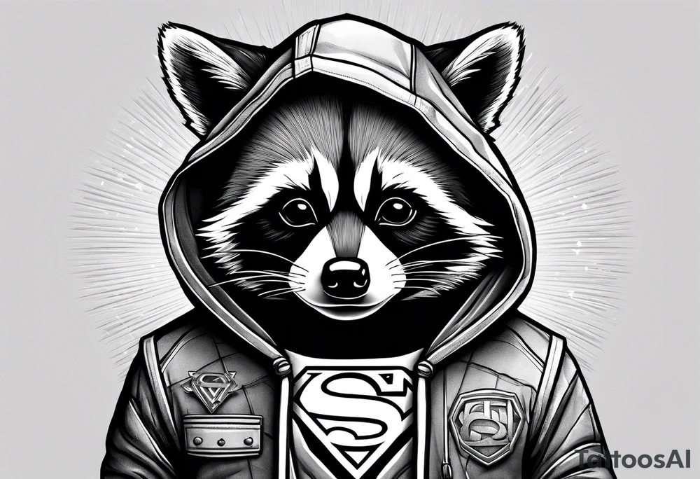 raccoon wearing a Superman hoodie tattoo idea
