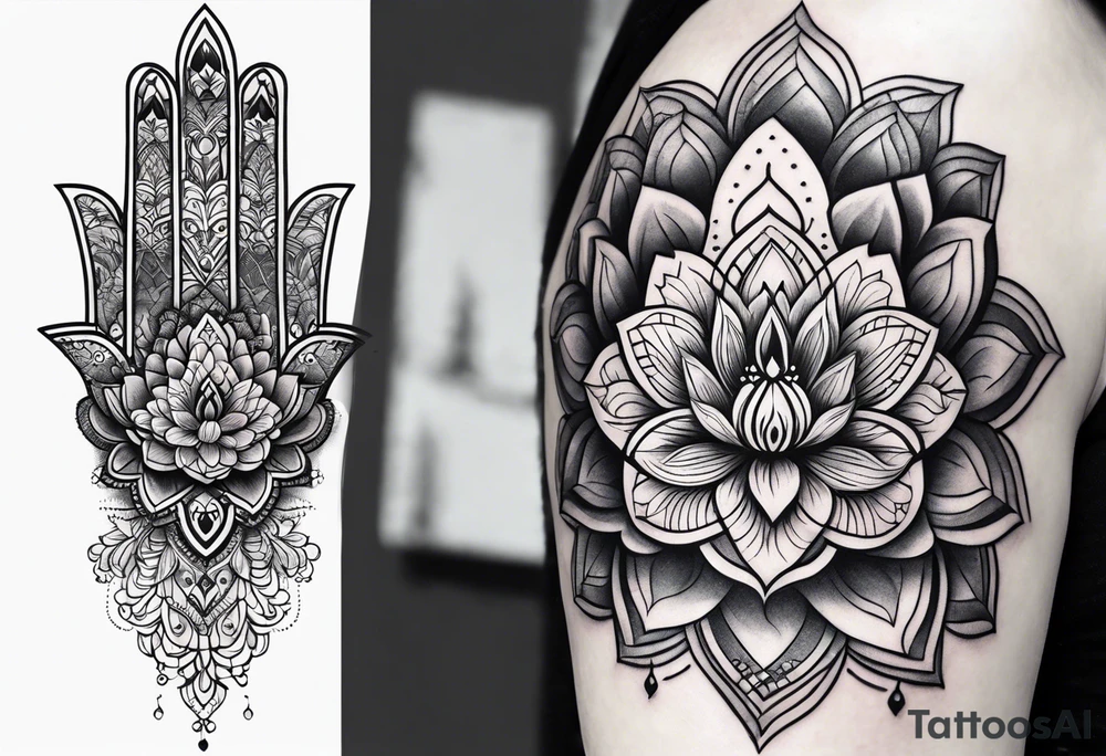 Hamsa and lotus flower sleeve tattoo idea