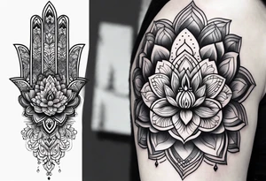 Hamsa and lotus flower sleeve tattoo idea