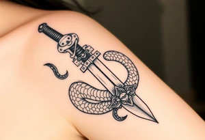 mystical snake coiled around an ancient dagger with jeweled hilt tattoo idea