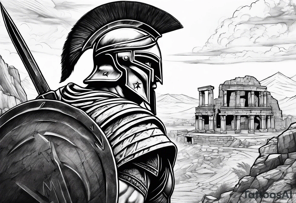 close of of spartan solider looking at distant ruins tattoo idea