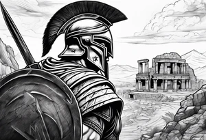 close of of spartan solider looking at distant ruins tattoo idea