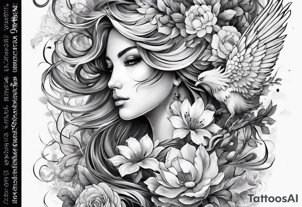 Sleeve with Libra and Phoenix with flowers tattoo idea