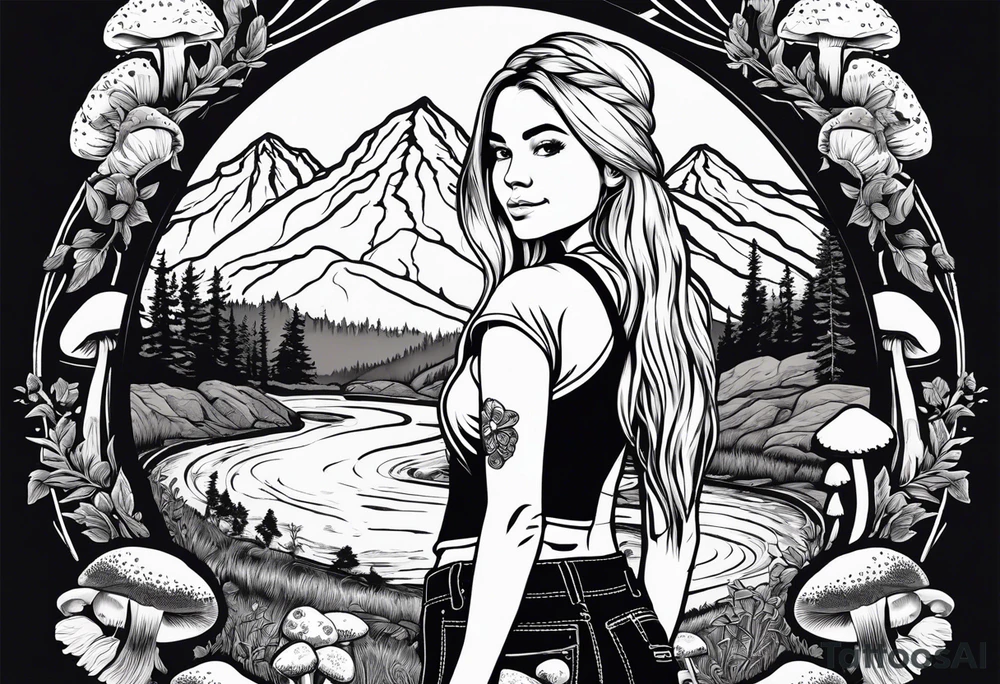 Whole picture encircled fully

Straight long blonde hair hippie girl in distance holding mushrooms in hand facing away toward mountains and creek surrounded by mushrooms tee shirt and hiking pants; whole rendering within a full circle, no cut off circle tattoo idea
