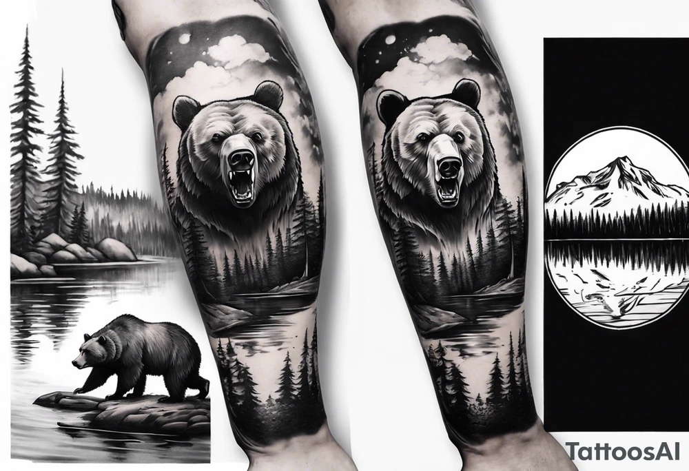 bear head right above the forest line with a lake below, full arm sleeve tattoo tattoo idea