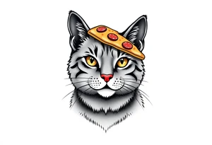 fat grey tabby cat portrait with pizza slice on its head tattoo idea