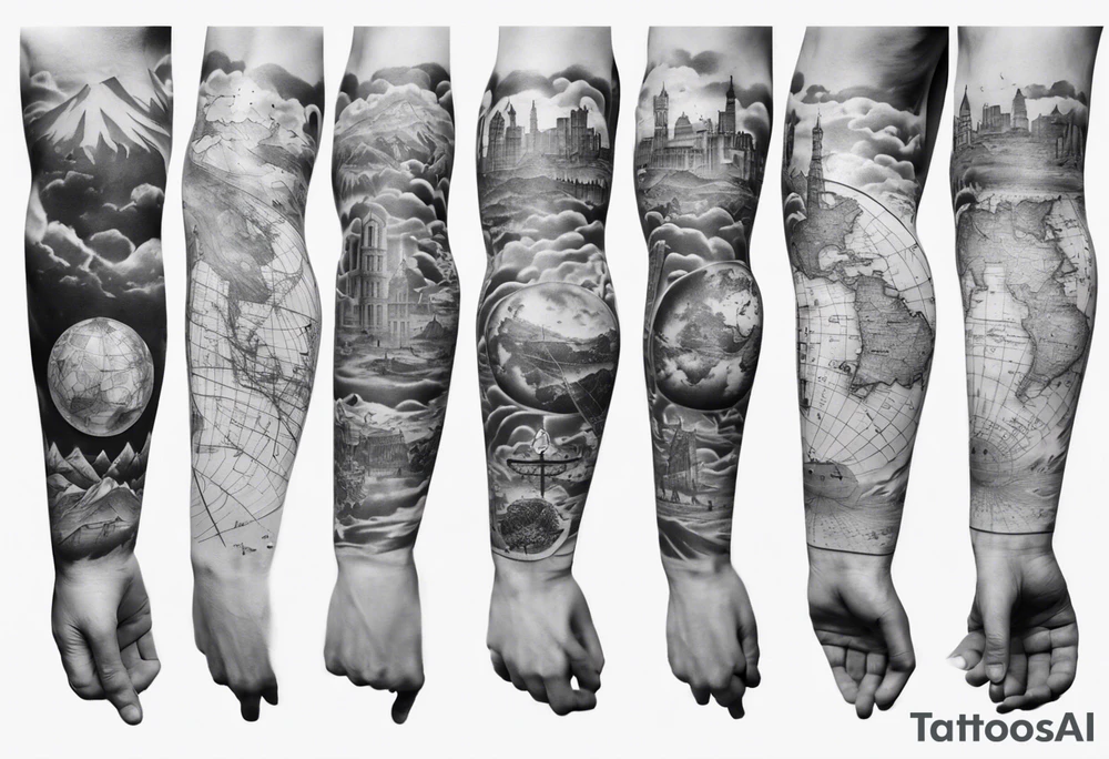 full arm tattoo for man with images of maps and travel and science tattoo idea