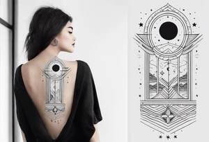 Long narrow line spine tattoo. Includes moon, stars and ancient symbols. Minimal design. tattoo idea