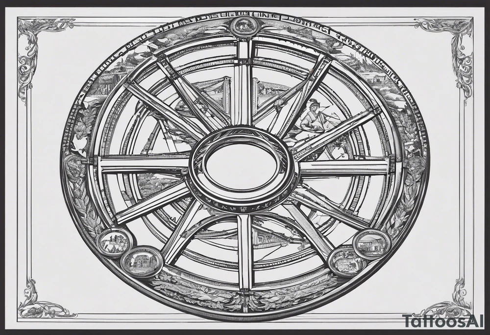 design a wheel with 5 sections. Each section to represent a moment of my life. First section to represent Rome,Italy where I was born. Second section to represent the beginning of my fling career in the Italian Air Force. Think section to represent moving to the United States, Spokane exchacly and continuing flying for Horizon Air. Forth section to include moving to Hawaii and starting a new life style, laid back, growing my own food, taking all the aloha spirit in together with my blondie curly hair partner Ronda . Fifth section to stay empty for the future to come. In the middle of the wheel a combination of American and Italian flag tattoo idea