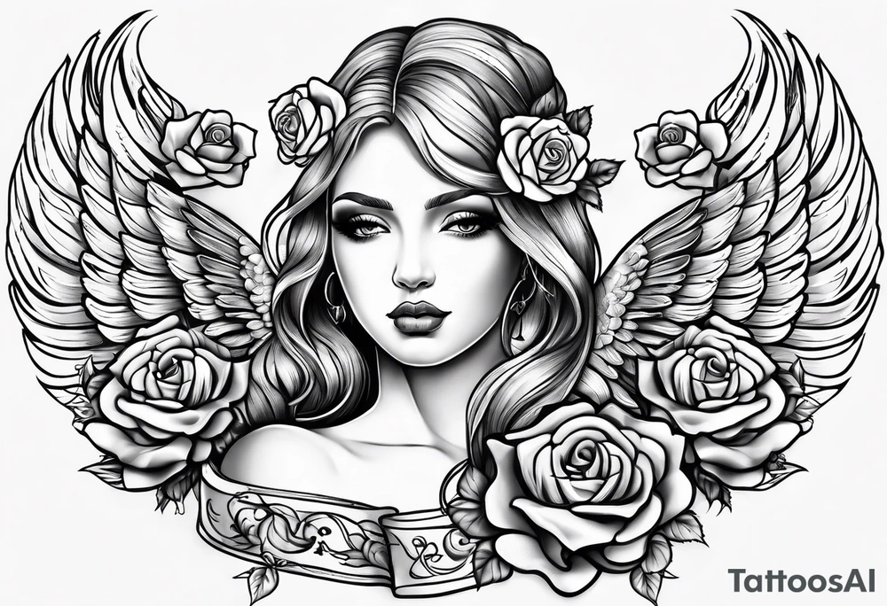 Angel, roses, name MARTINA tattoo idea