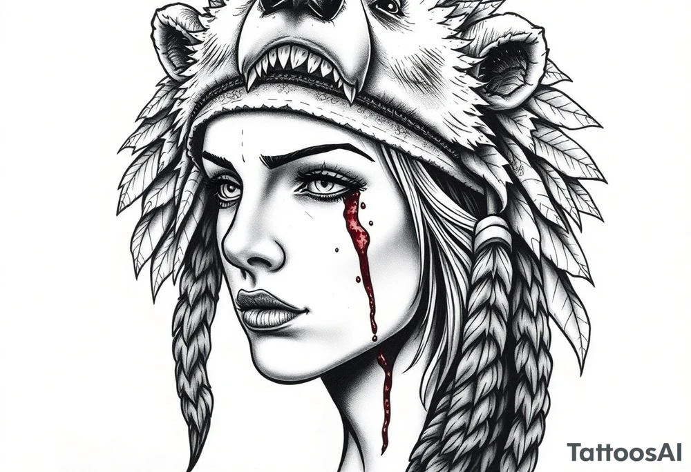 Beautiful Womans shedding a tear, with battle scars and blood on face, wearing a mean looking bear headdress on head tattoo idea