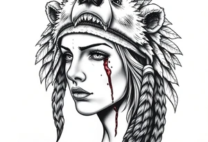 Beautiful Womans shedding a tear, with battle scars and blood on face, wearing a mean looking bear headdress on head tattoo idea