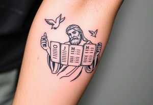 Moses holding the Ten Commandments with doves flying nearby tattoo idea