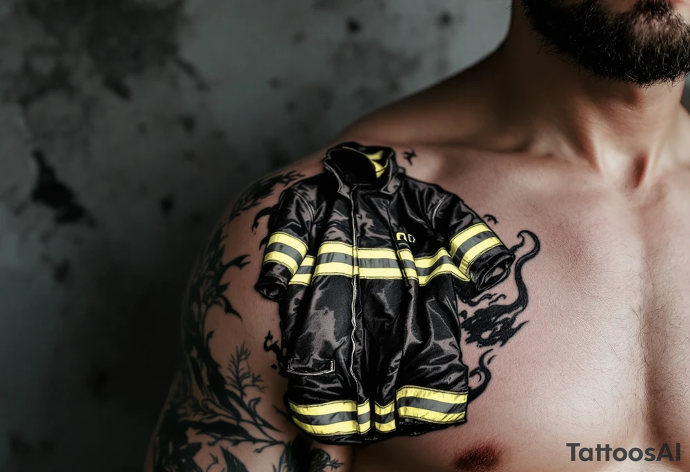 A firefighter’s turnout gear hanging on a wall, with realistic fabric textures in dark navy, contrasted by bright reflective stripes. tattoo idea