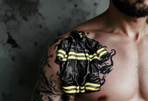 A firefighter’s turnout gear hanging on a wall, with realistic fabric textures in dark navy, contrasted by bright reflective stripes. tattoo idea