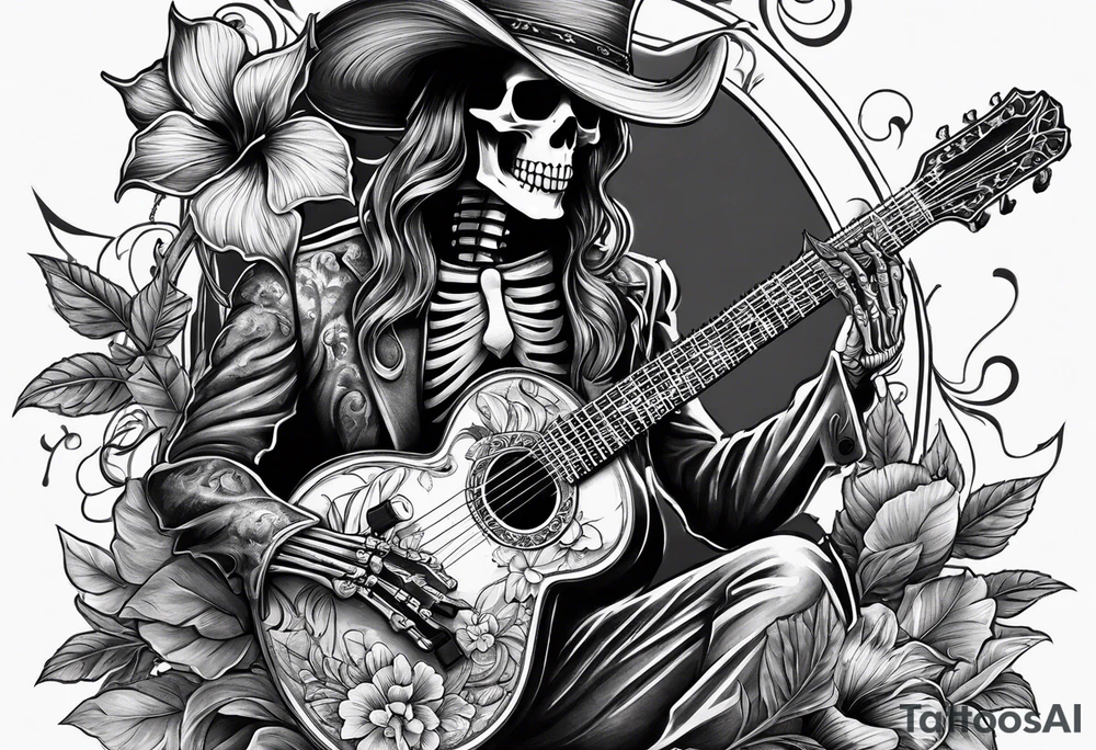skeleton playing guitar. Hibiscus flower tattoo idea