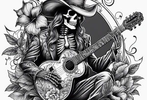 skeleton playing guitar. Hibiscus flower tattoo idea