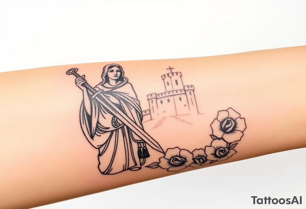 Saint Barbara carrying a sword detailed with a castle tower in the background, and roses tattoo idea