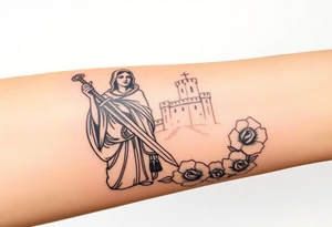 Saint Barbara carrying a sword detailed with a castle tower in the background, and roses tattoo idea