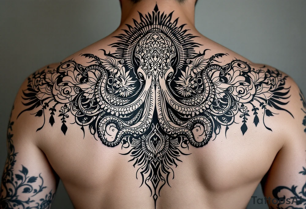 powerful majestic octopus, surrounded by floral ornaments and birds tattoo idea
