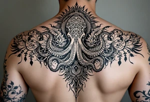 powerful majestic octopus, surrounded by floral ornaments and birds tattoo idea