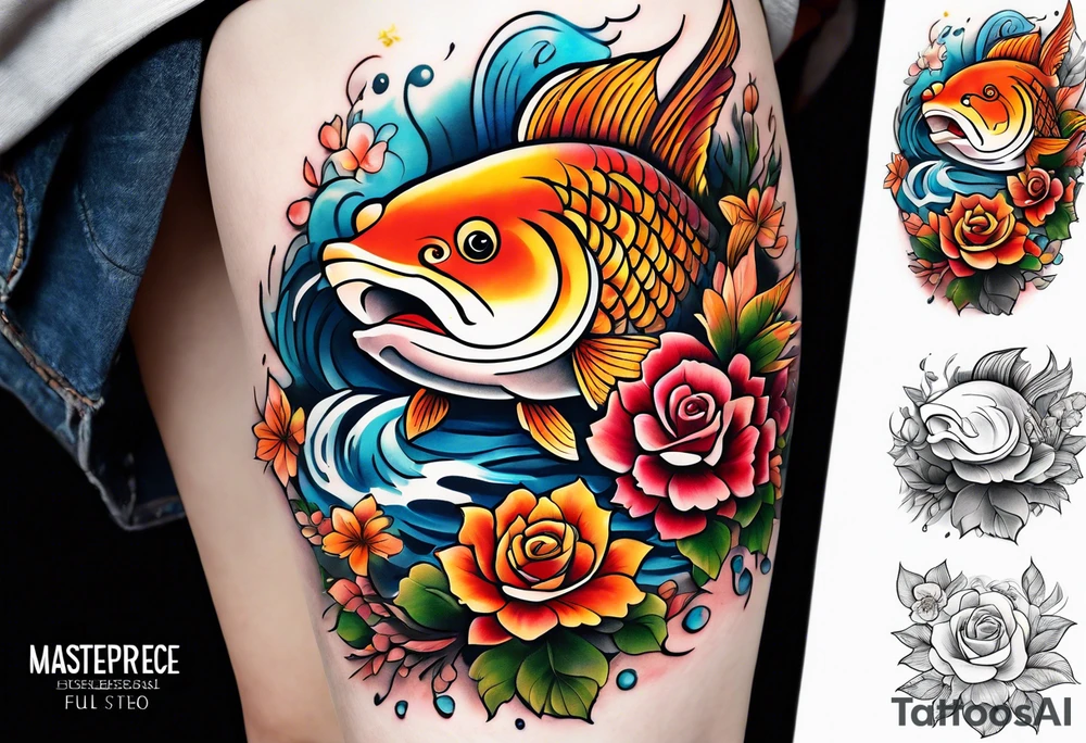 thigh tattoo with fall colors showing, leaves, koi fish, small flowers, roses, water flow, and sky tattoo idea