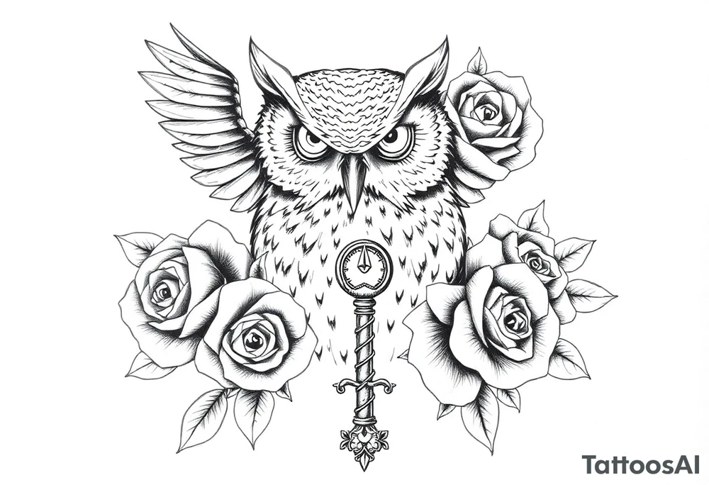an owl,roses,compass,key. tattoo idea