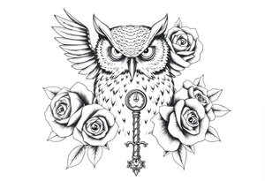 an owl,roses,compass,key. tattoo idea