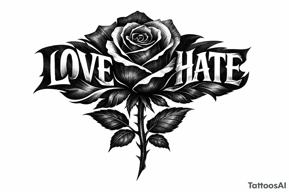 Single rose, petals morphing into bold love and hate lettering. tattoo idea