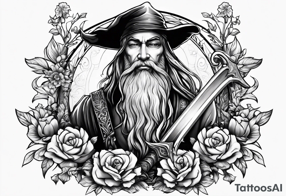 Wizard with a sword and flowers tattoo idea