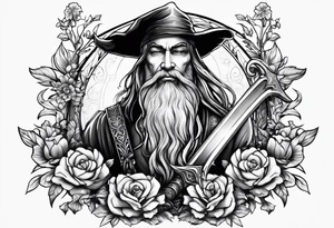 Wizard with a sword and flowers tattoo idea
