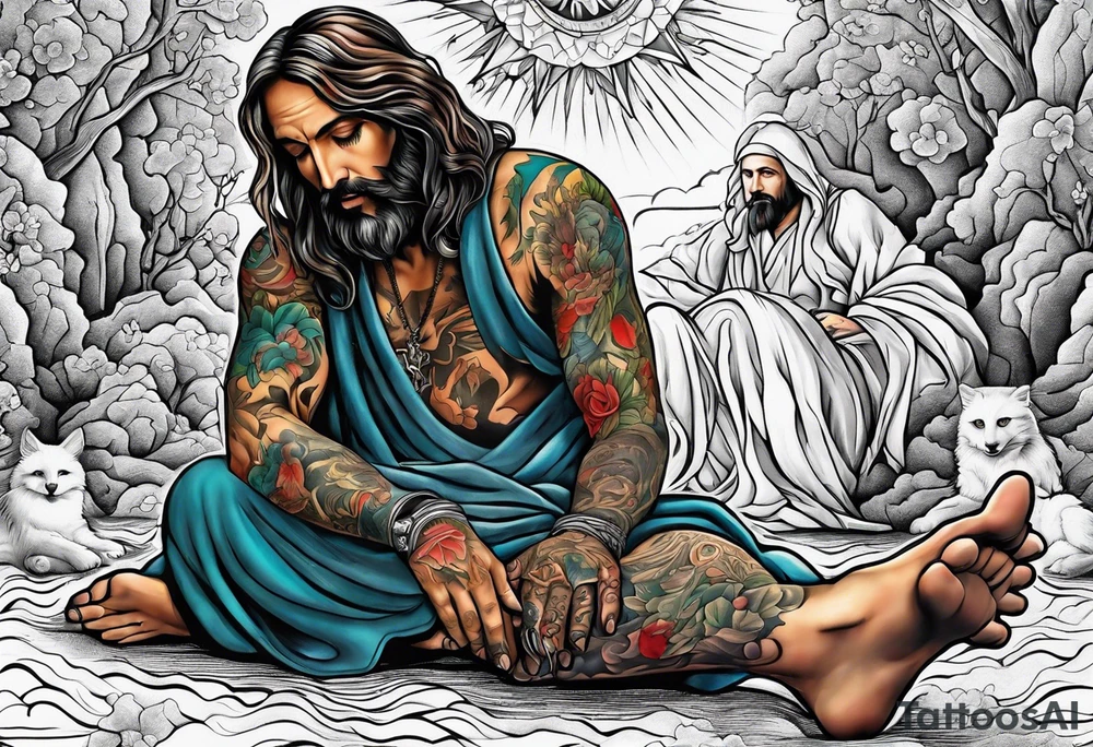 a man begging at the feet of Jesus tattoo idea