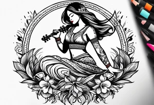 entire hula plynesian girl squating and dance with ukulele tattoo idea