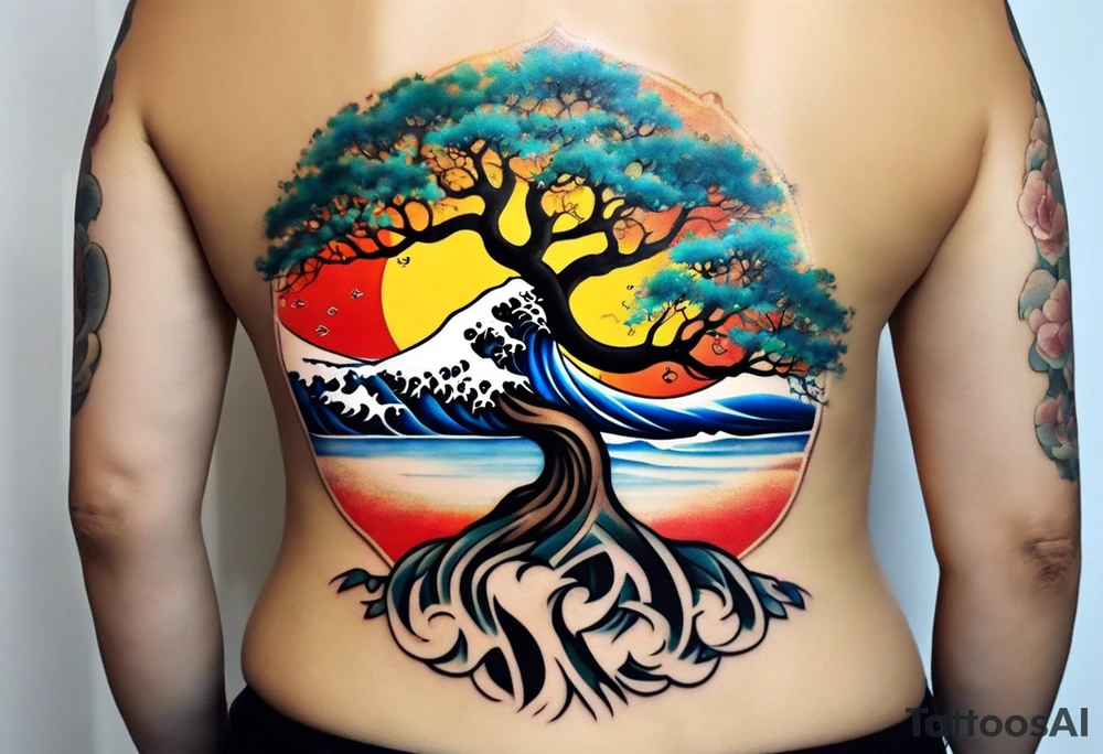 an abstract Tree of Life tattoo. It should have roots growing out of the bottom. The roots slowly turn into water from the Great Wave by Hokusai. A golf flag should be placed discreetly growing out of the ground. 2 license plate tags should be hanging from the tree. Place a few music notes in the areas the leaves should be. The letters A U should be engraving into the tree trunk in a heart. Not inside a circle. The overall shape of the tattoo should be organic. Black and white only. tattoo idea