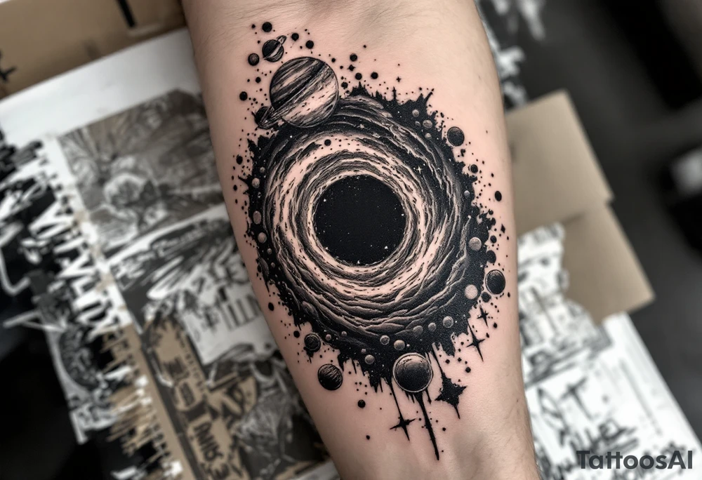 A black hole sucking up stars and planets and then spitting them out on the other side tattoo idea