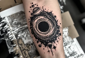 A black hole sucking up stars and planets and then spitting them out on the other side tattoo idea