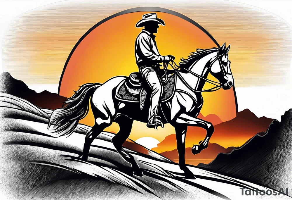 Cowboy on a horse riding in to the sunset silhouette tattoo idea
