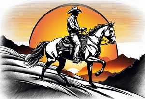 Cowboy on a horse riding in to the sunset silhouette tattoo idea