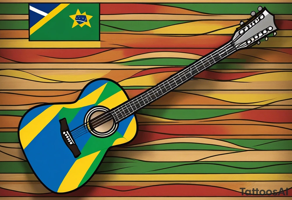 acoustic guitar with divided
 diagonally with one side with the flag of curacao, the other with some reggae colors. on the outside of the guitar, the side with the curacao flag to adorned with some beach or sea creature theme, like a sea turtle. The side with the reggae to have some music notes flowing out tattoo idea