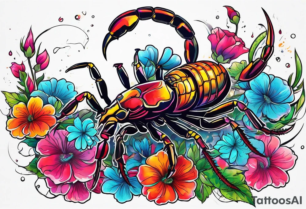 futuristic scorpion animation with flowers bloody tattoo idea