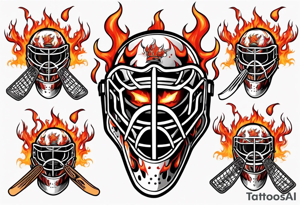 a goalie mask with crossed hockey sticks and flames that says "SHOT HOCKEY" tattoo idea