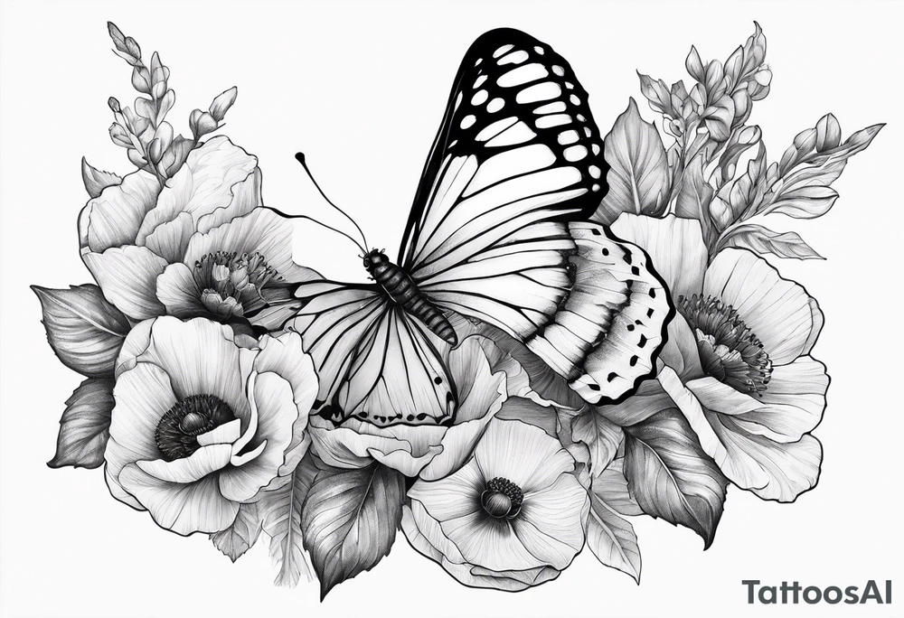 Butterfly with poppy flowers as the top wingd tattoo idea