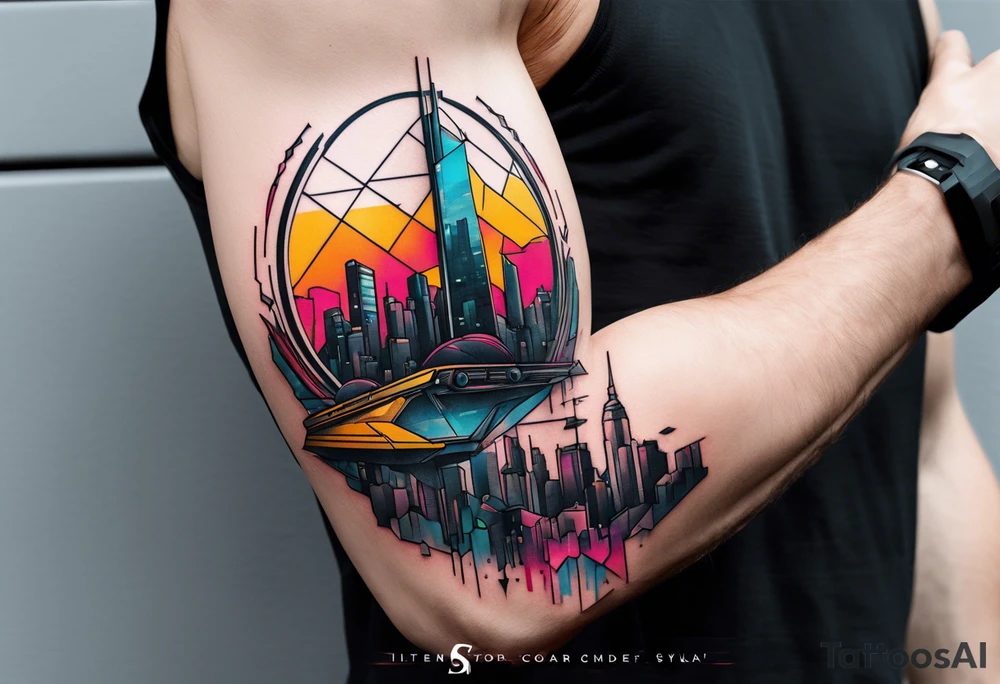 cyberpunk 2077, forearm tattoo, geometric, subtle, men, city skyline, 4k tattoo idea