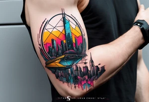 cyberpunk 2077, forearm tattoo, geometric, subtle, men, city skyline, 4k tattoo idea