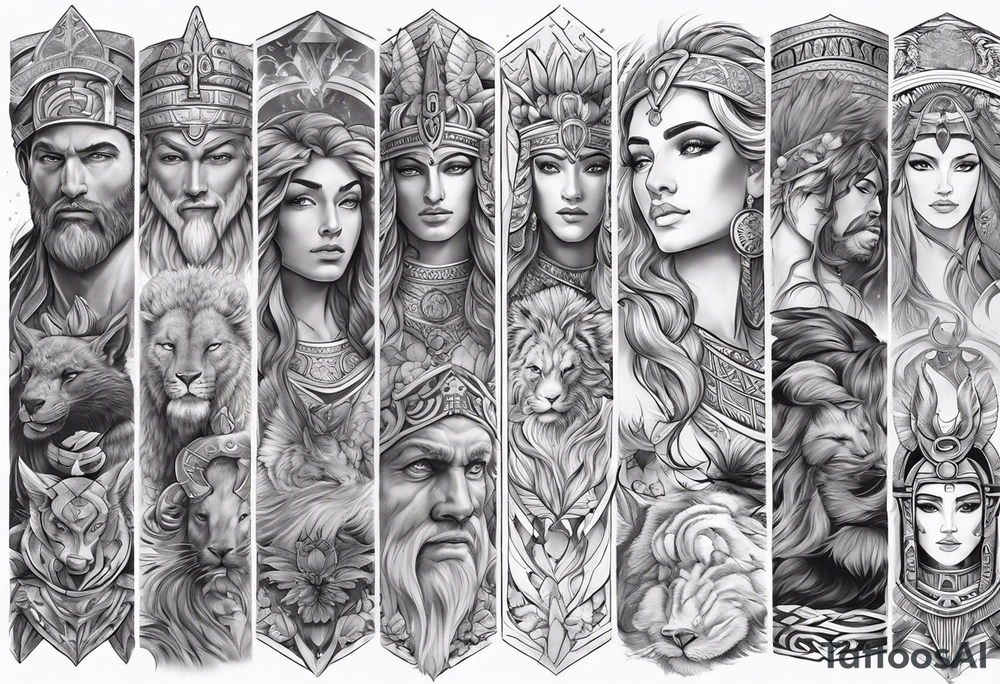 Arm sleeve. Mixed gods including.
Greek gods & Egyptian gods & norse gods tattoo idea