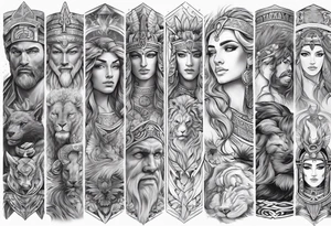 Arm sleeve. Mixed gods including. 
Greek gods & Egyptian gods & norse gods tattoo idea