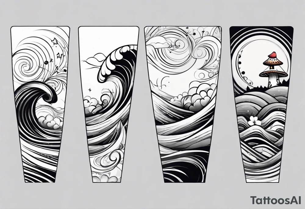lots of empty space with simple line of icons down the back of the arm. there are four icons in this order:

1. a music note on a staff
2. a wave of water
3. a pocket
4. mushroom tattoo idea